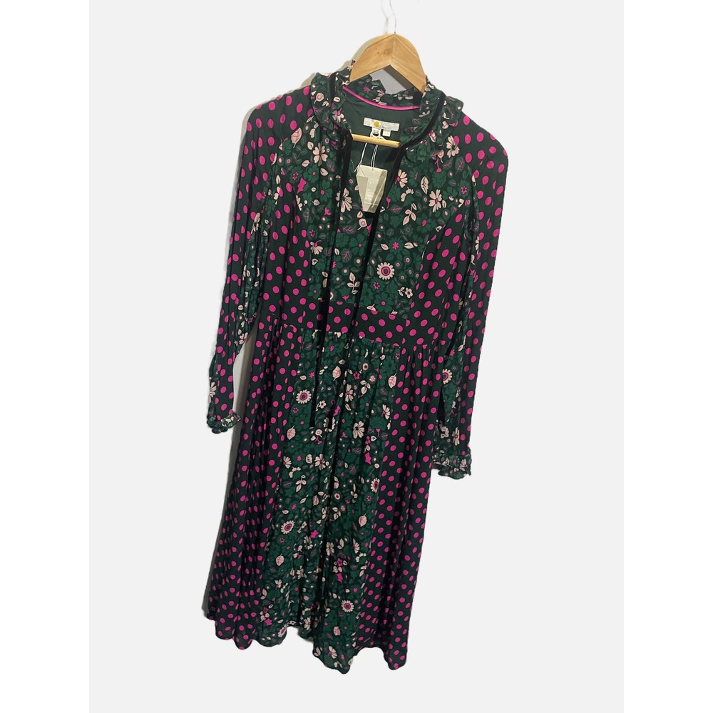 Boden Midi Dress Women 6R Green Pink Floral Polka Dot Mixed Print Boho Romantic - Picture 3 of 5